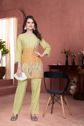 Designer Embroidered Kurti with Pant – Light Green & Orange Blend