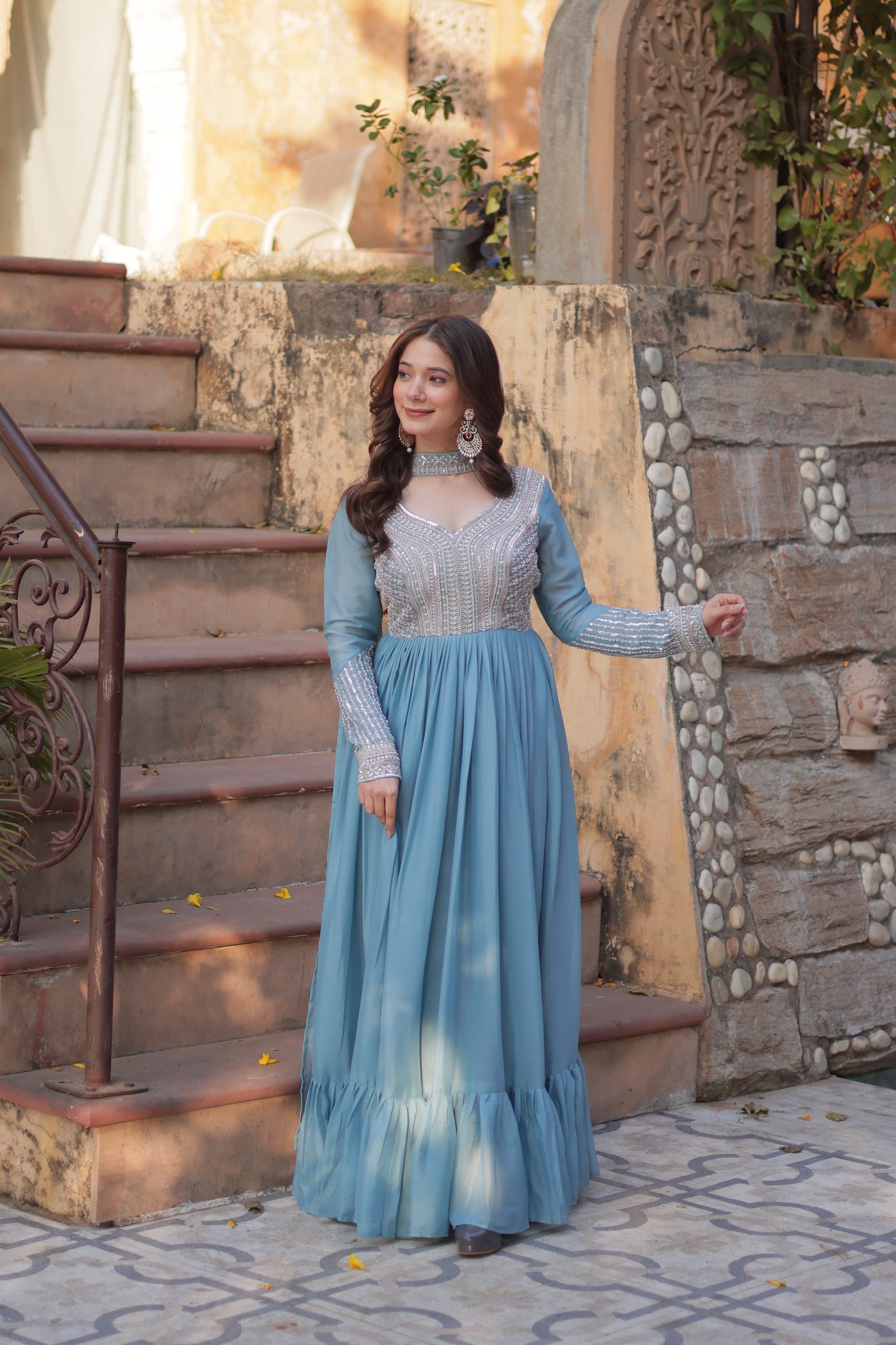 Star Georgette with Embroidery Beads Sequins-work